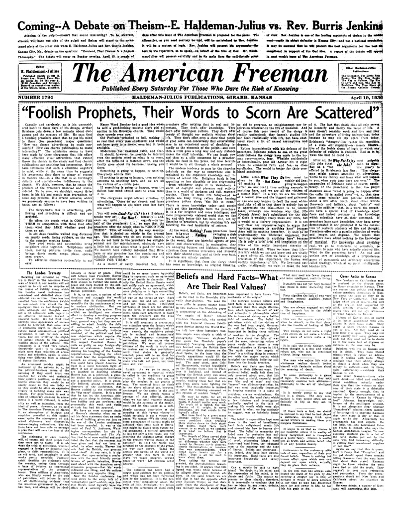 (image for) The American Freeman, Number 1794, April 19, 1930. - Click Image to Close